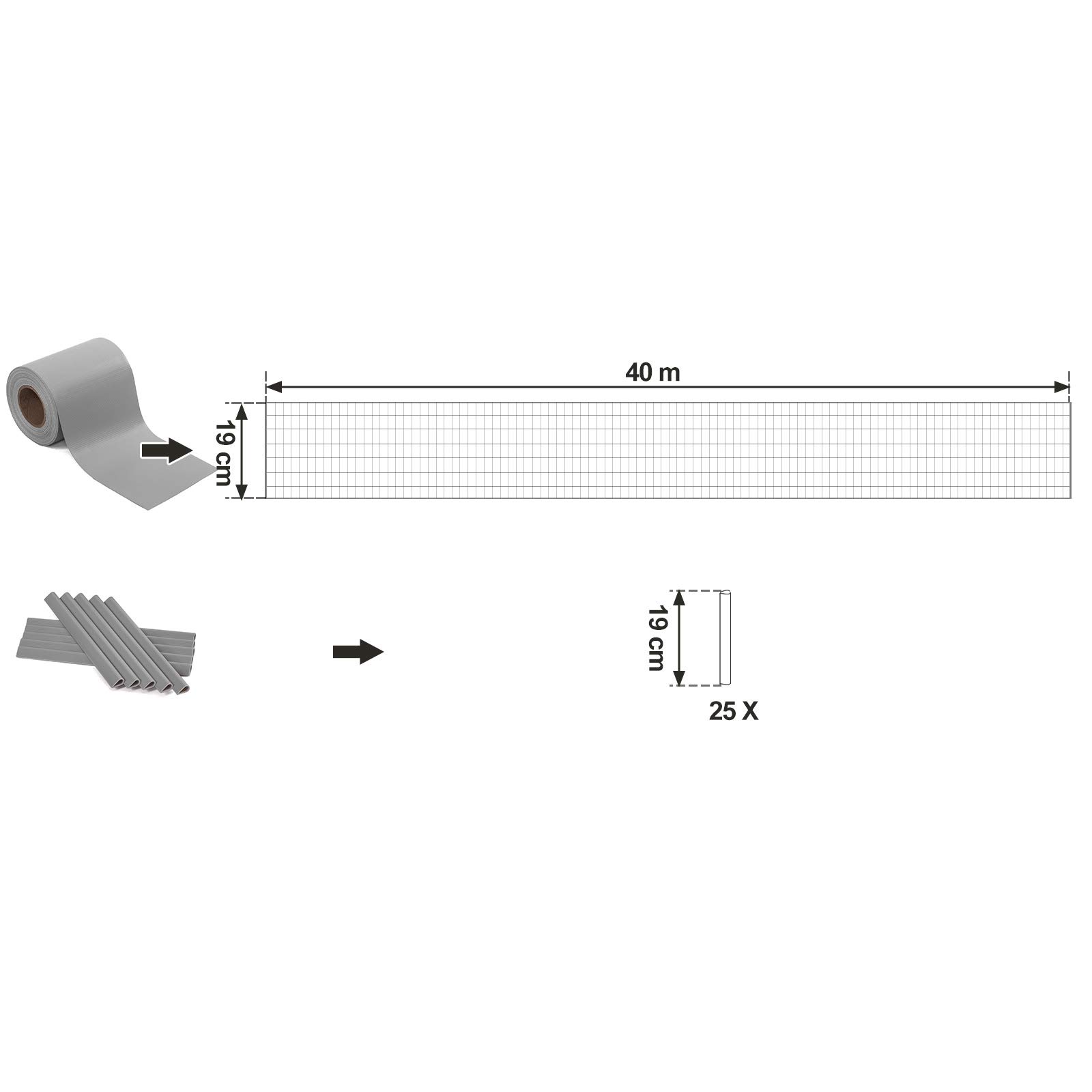 SONGMICS Strisce Privacy in PVC, Pellicola per Recinzione 40 m x 19 cm, Spessa e Opaca, con 25 Clip di Fissaggio, Grigio Chiaro GPJ040Q