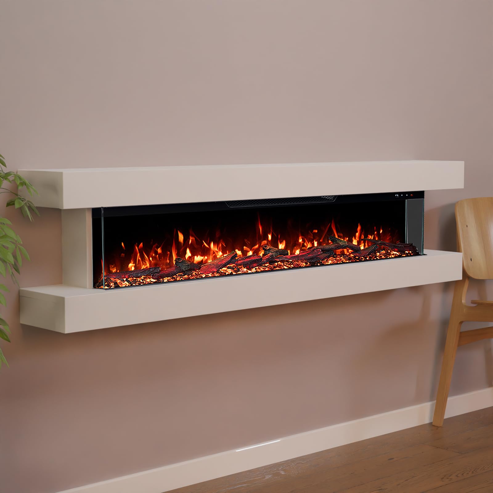 GLOW FIRE Kominek elektryczny Clear 50 z realistycznym ogniem LED 3D – ścienny kominek elektryczny z ogrzewaniem i ogniem, sterowanie za pomocą aplikacji, efekt trzaskania i timer, maks. 1800 W, 157 x