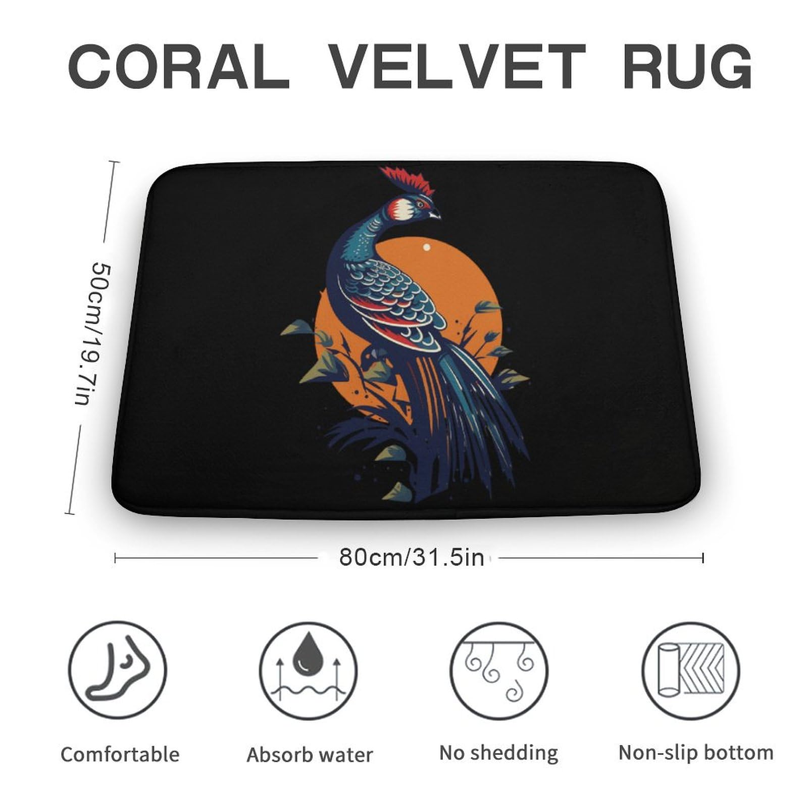 Animal Pheasant Coral Velvet Rugs Non-Slip Bathroom Rugs Soft Kitchen Rug Floor Carpet for Home Decor 19.7