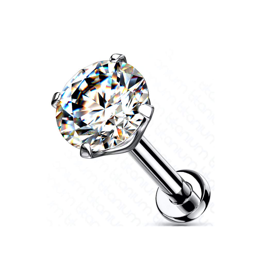 BlastcaseAmelia Fashion Implant Grade Titanium Threadless Push in Labret, Flat Back Studs with CZ Prong Set Top for Cartilage, Monroe, Nose and More (Choose Size) (16GA (1.2mm) L.5/16" (8mm) BALL: 3mm)
