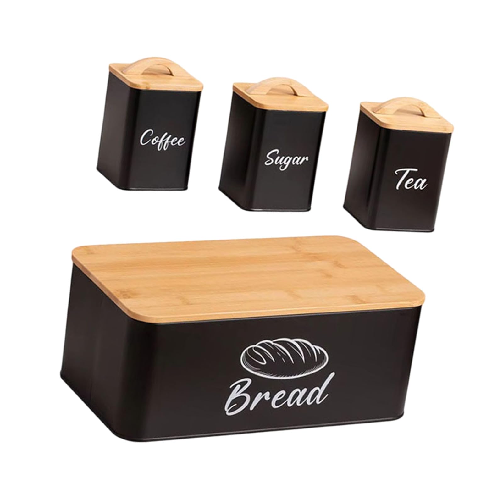Kalttoy Of 4 Wood and Stainless Steel Storage Canisters for Coffee Tea Sugar Bread with Airtights Seal Modern Kitchens Organization Coffee Tea Sugar Bread Storage Jars