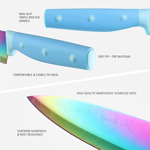 Miniatura 5 de hecef Juego de cuchillos de 14 piezas con bloque juego de cuchillos de titanio arcoíris con patrón láser juego de cuchillos de chef de acero