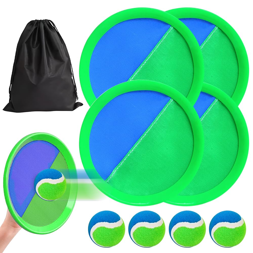 Jonuin Toss and Catch Ball Set, Ball Catch Game with 4 Paddles and 4 Sticky Balls for Family, Fun Outdoor Toys with Storage Bag for Garden, Yard, Beach, Pool (Blue-green)