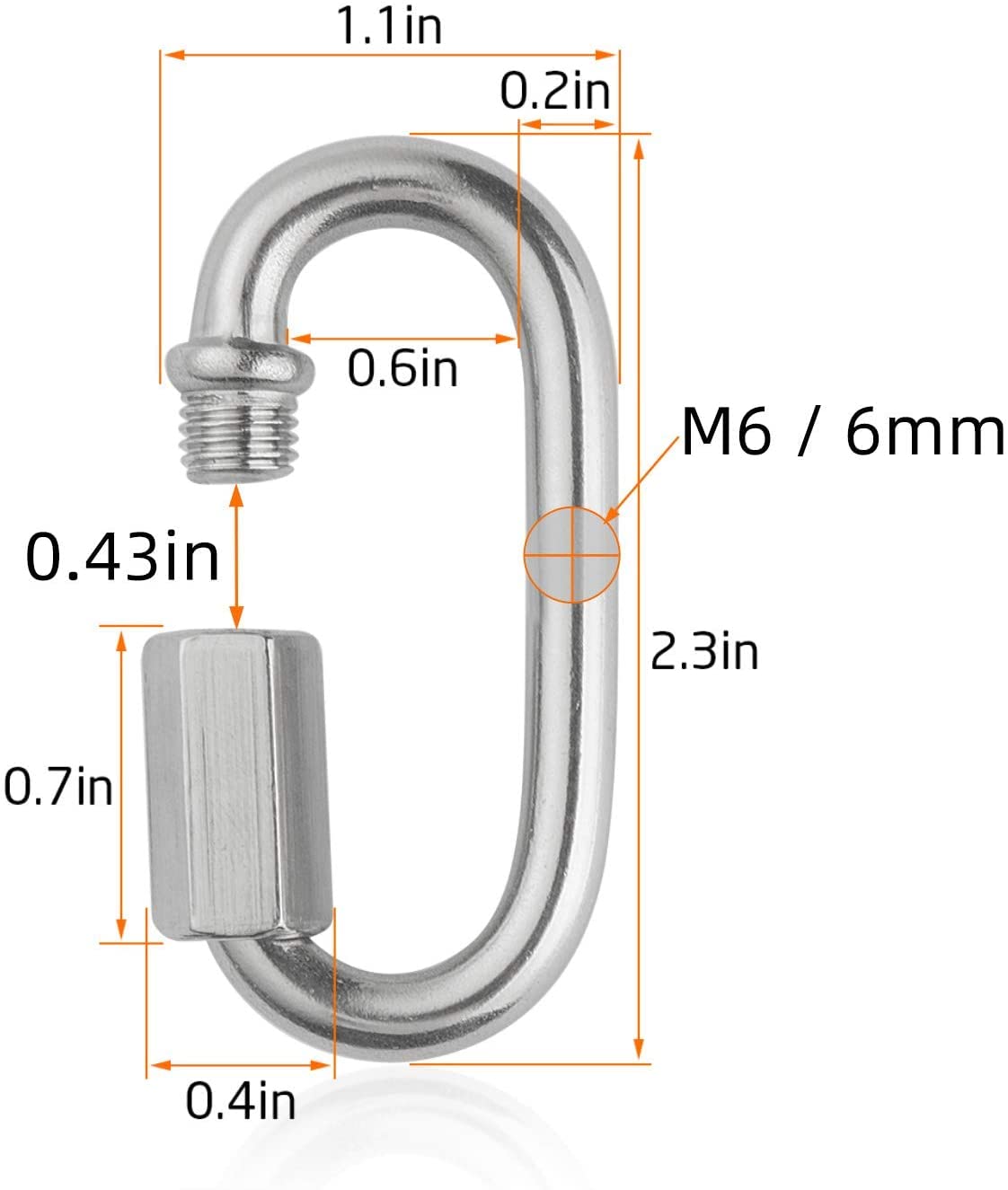 12pcs Stainless Steel Carabiner 1/4 inch Oval Quick Link Carabiner M6 Quick Links Chain Connector Heavy Duty Chain Locking Carabiner (Silver-11PCS)