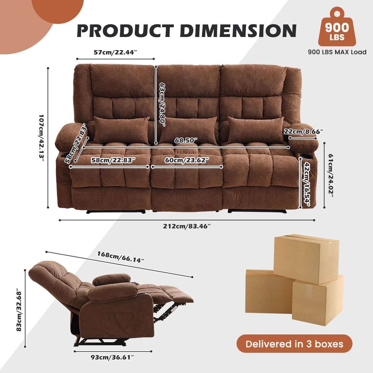MAHOMICO Recliner Sofa with Cup Holders for Living Room 3 Seat Manual Oversized Recliner Chiar with Ergonomic, Side Pocket for Adult view 2