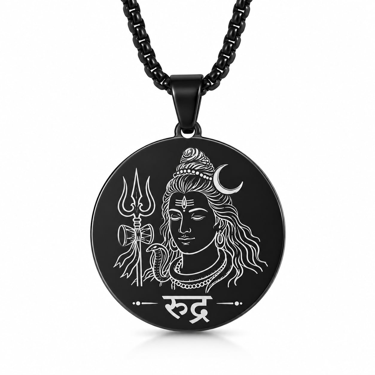 Rudra Stainless Steel Pendant Necklace for Men Women, Double Side Shiva Engraved Round Pendant with Om Rudraya Namah Design, 33mm Pendant with 22 Inch Ball Chain Rudra Pendent-image-0
