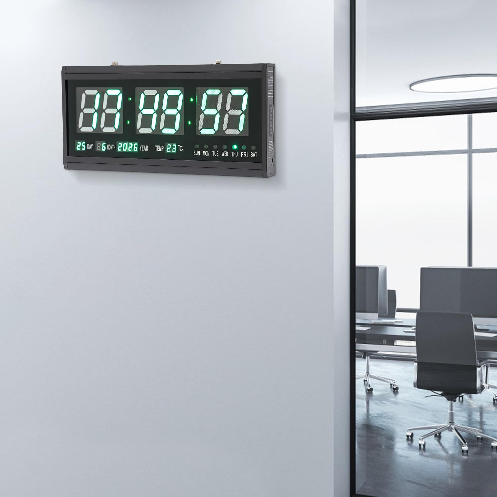 Orologio da parete digitale con visualizzazione della temperatura e della data; orologio da parete a LED, grande con display verde ed elegante cornice in plastica; utilizzabile da tavolo o da