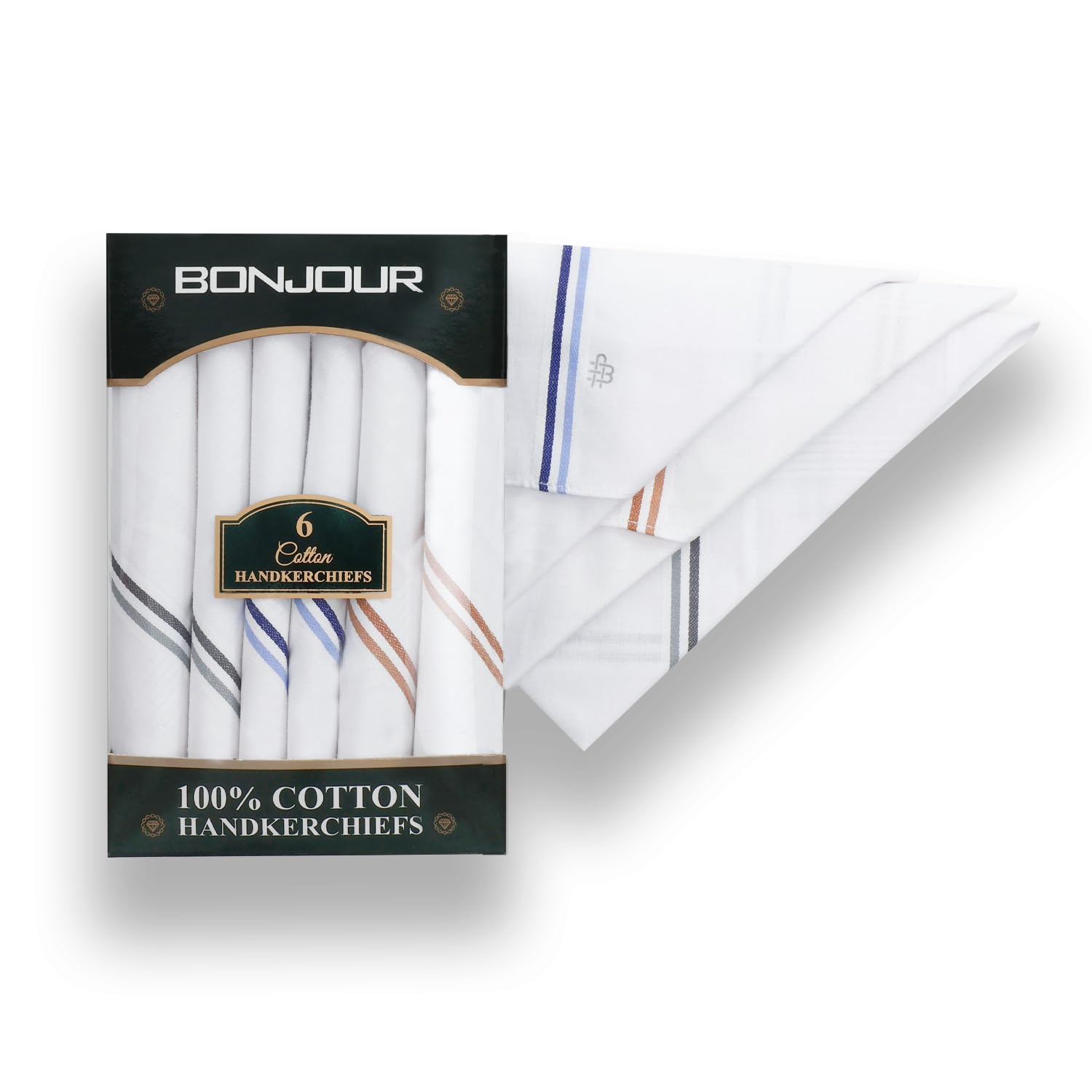 bonjour Mens Formal Cotton Pack of 6 Handkerchief in White with colorful stripes-picture-19