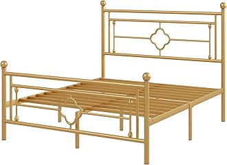 Allewie Full Size Metal Platform Bed Frame with Victorian Vintage Headboard and Footboard/Mattress Foundation/Under Bed Storage/No Box Spring Needed/Noise-Free/Easy Assembly, Gold