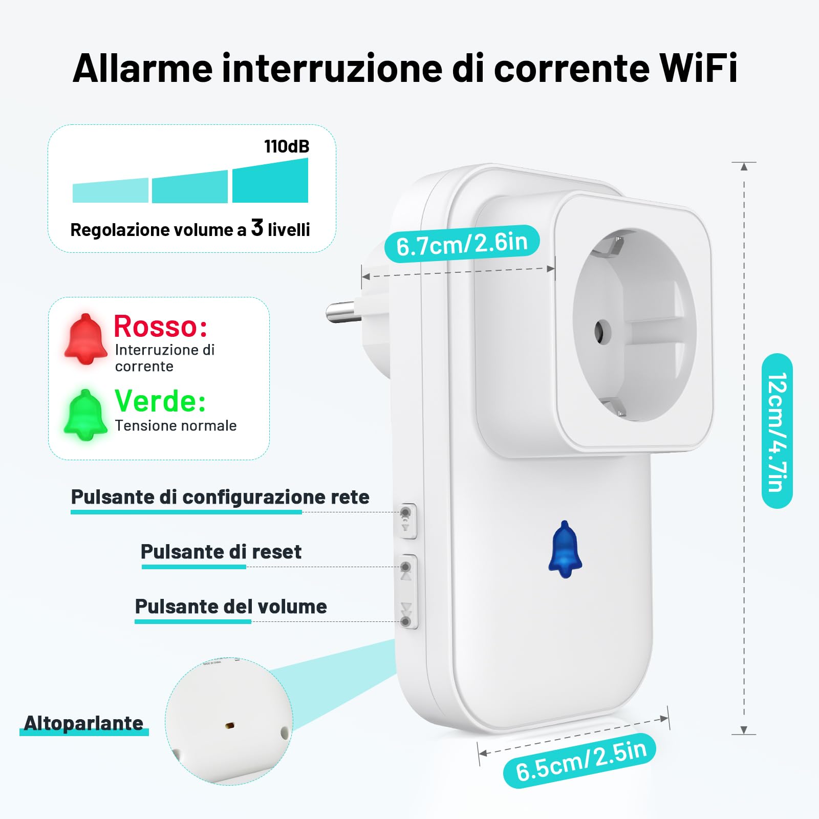 Rilevatore di Interruzione di Corrente WiFi,Antifurto Allarme Casa, Presa Intelligente con Allarme Mancanza Alimentazione (110 dB) e LED, Allerta Blackout su App Smart Life/Tuya