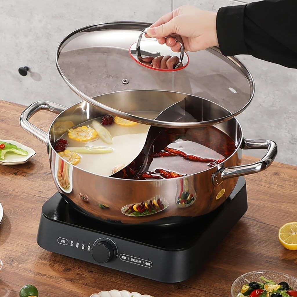 仕切り付きホットポット、食品グレードのステンレススチールしゃぶしゃぶ鍋、ガラス蓋付き、調理用調理用ダブルフレーバーストックポット(3