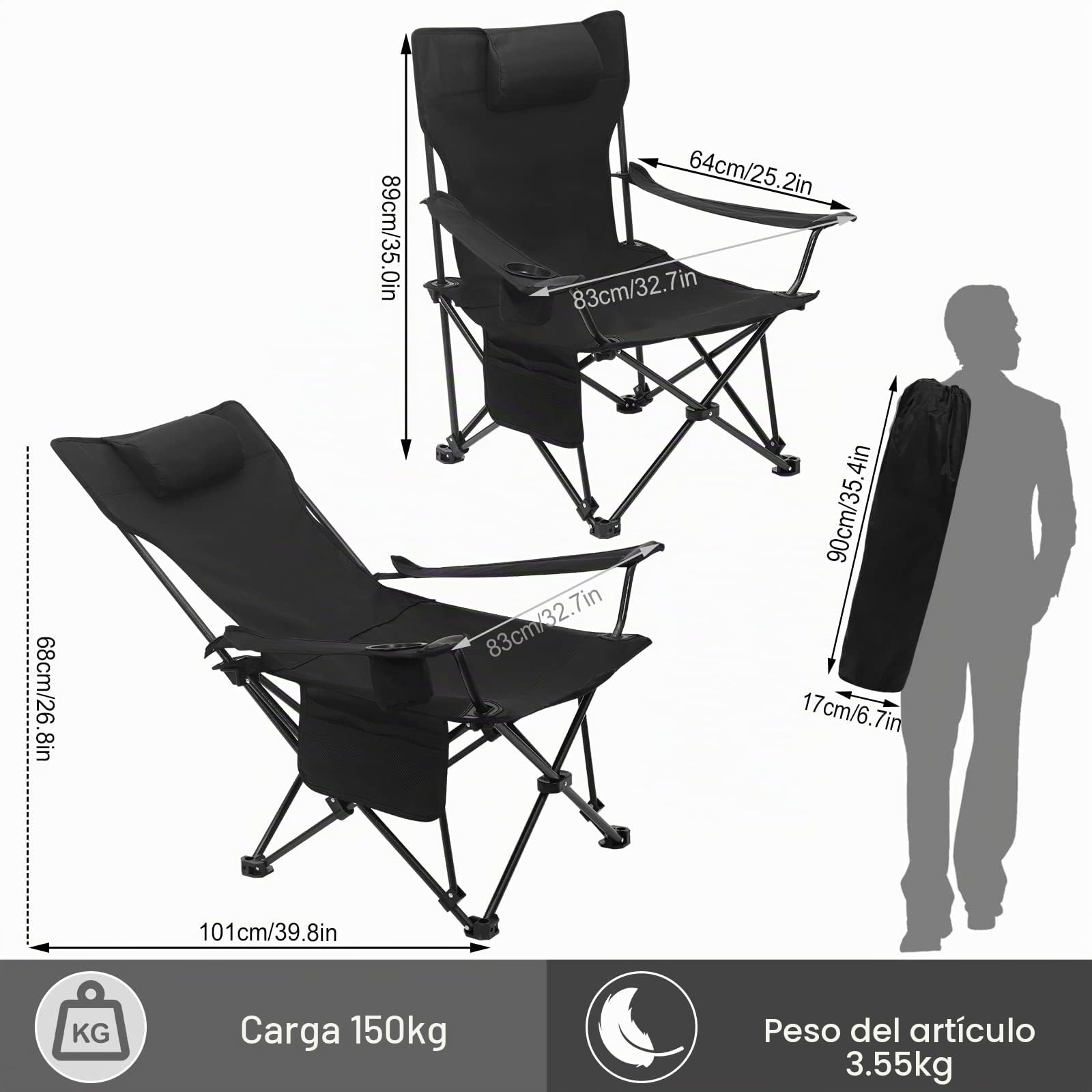 WOLTU Sillas Plegables Camping, Juego de 2 Sillas Portátiles para Exterior, Ligera para Jardin Playa Picnic y Pesca, hasta 150 kg, Negro