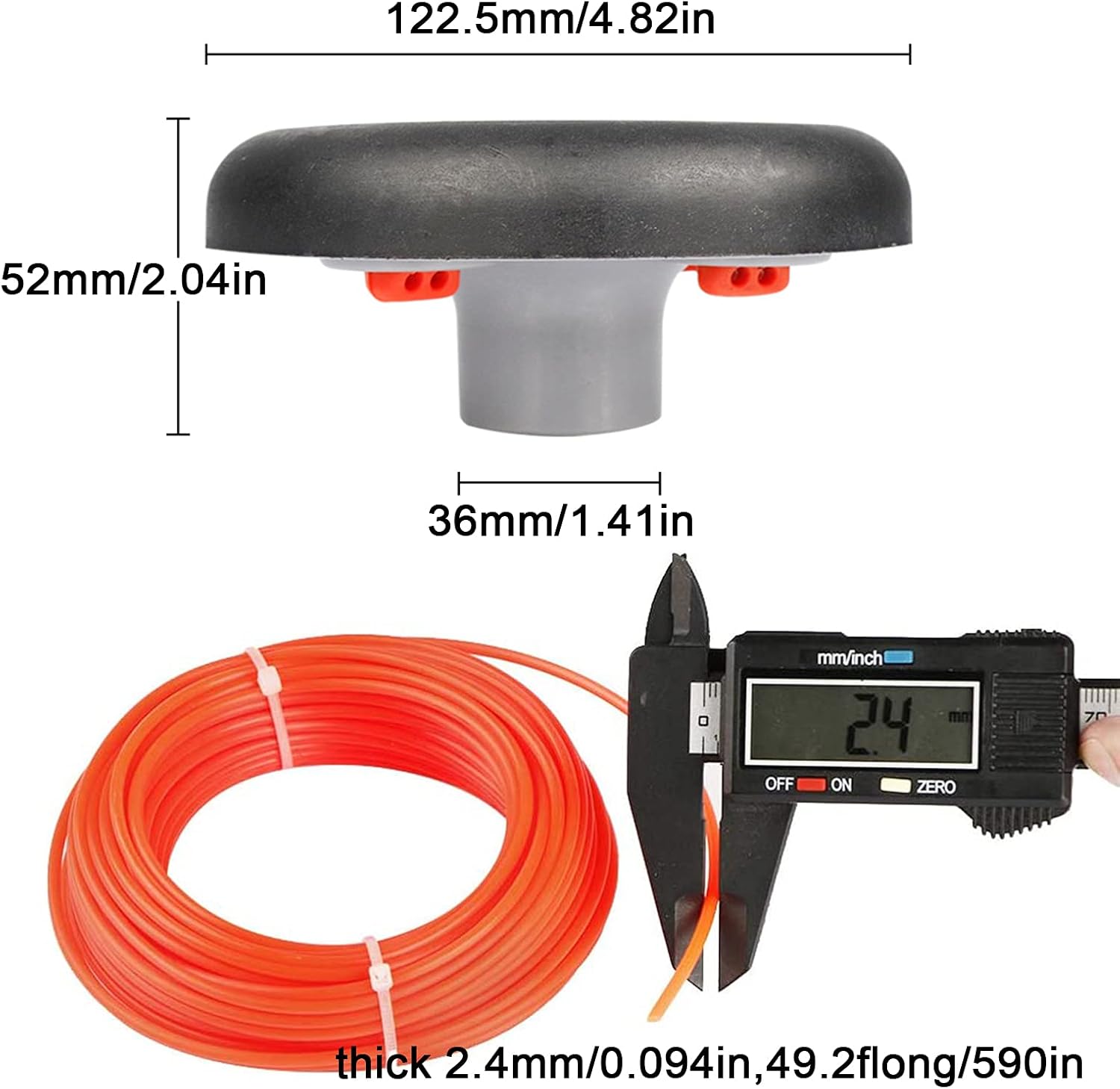 Diagram showing dimensions of the trimmer head: 122.5mm/4.82in diameter, 52mm/2.04in height, 36mm/1.41in base width. Also shows a caliper measuring the 2.4mm/0.094in trimmer line.