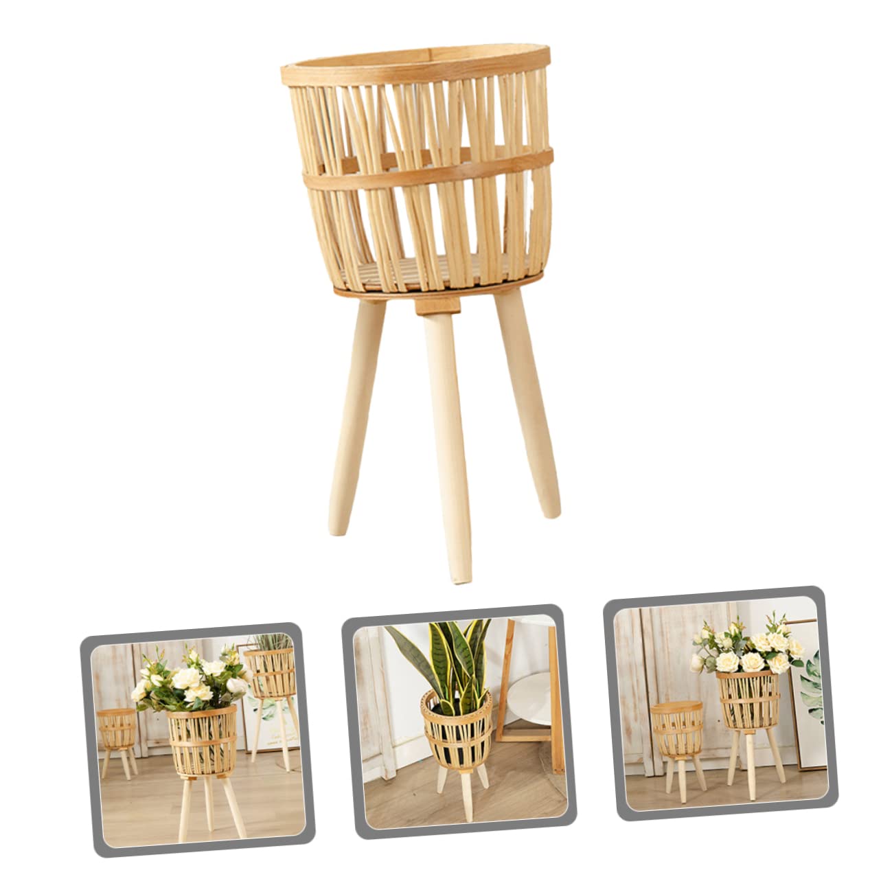 BESTonZON Pot de Fleurs en Bambou Tissé Fait Main, Support de Pot de Fleurs Rustique en Bois, Cache-Pot pour Intérieur et Jardin, Décoration Naturelle Solide