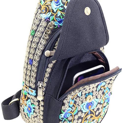 Image of SILKAREA Embroidered Boho Small Sling Bag for Women Travel Chest Bag Crossbody Backpack Purse Shoulder Bag (Blue)