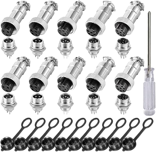 Aiqeer 10 Pcs GX12 Aviation Connector Set, 12 mm Thread Panel Metal Aviation Cable Connector, 5A Male Female Aviation Connector Plug Socket Kit, with Rubber Cap (3 Pin/4 Pin/5 Pin/6 Pin/7 Pin)