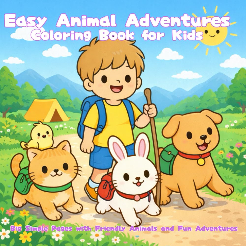 Easy Animal Adventures Coloring Book for Kids: Big Simple Pages with Friendly Animals and Fun Adventures