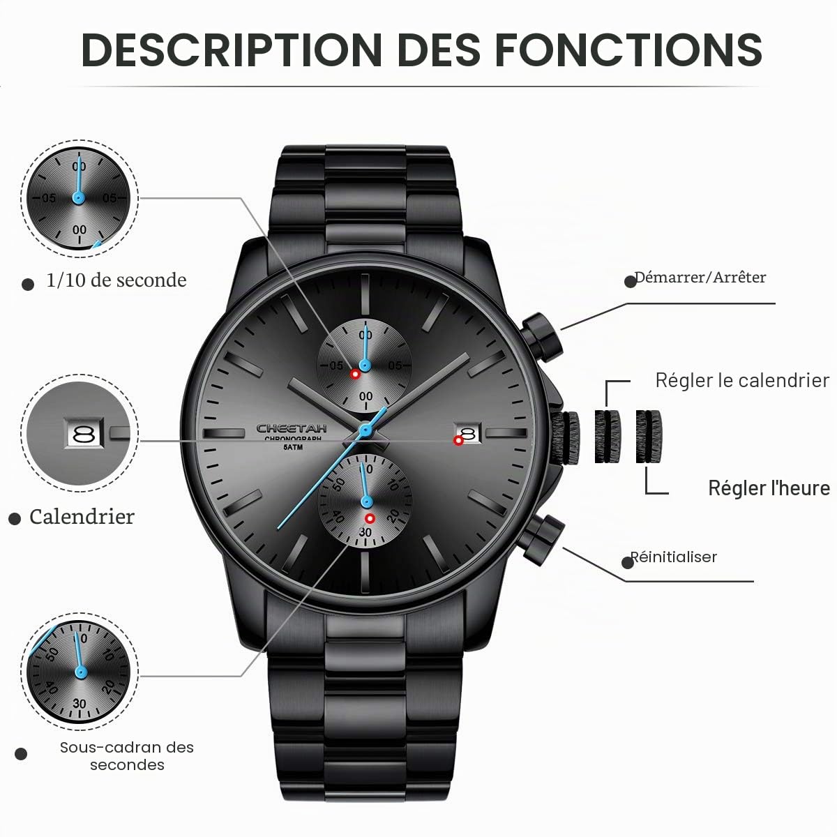 Montres pour Hommes avec Montre à Quartz chronographe étanche décontractée en Acier Inoxydable et en métal, Date Automatique dans des Mains colorée