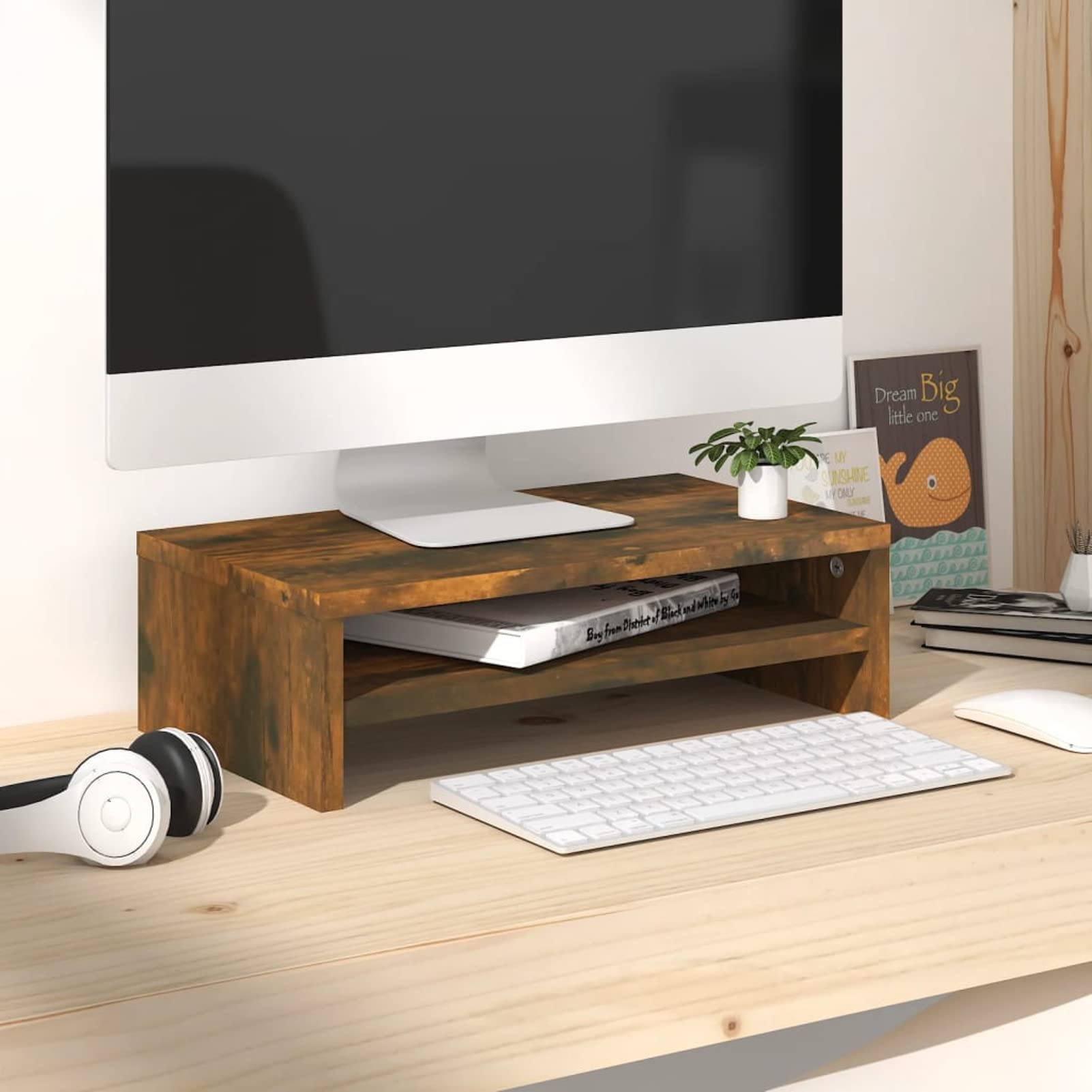 Chusui Supporto per Monitor,Supporto per Monitor da Scrivania,Supporto per Monitor PC,Supporto per Monitor Rovere Fumo 42x24x13 cm Legno Multistrato