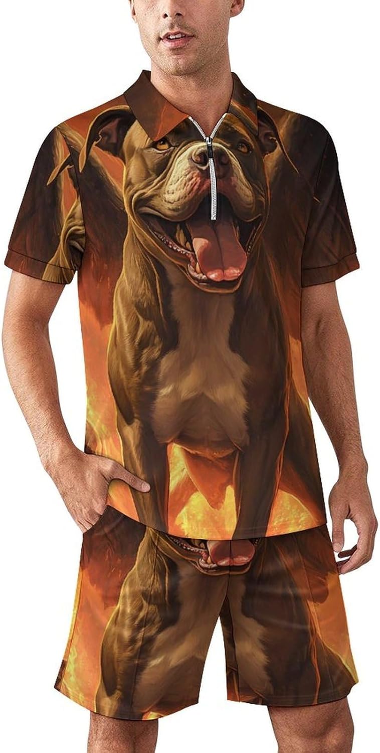 Skull Grim Reaper Pitbull Mens Polo Shirts Track Suits 2 Piece Short Sleeve Sweatsuit 1/4 Zip Golf Loungewear for Sports