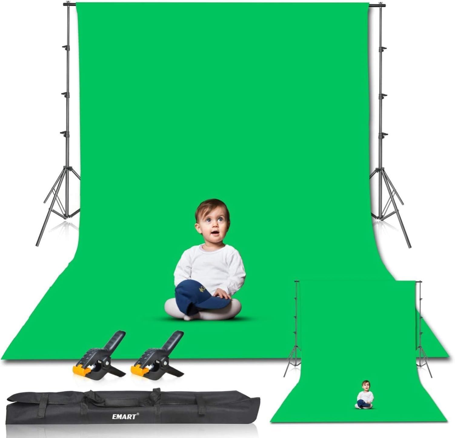EMART Greenscreen Hintergrund mit Ständer, 2,6x3m Hintergrundsystem | 3x3,6m Grün Fotohintergrund, 2 Federklemmen Fotostudio Set, Produkt Porträt YouTube Video Fotografie