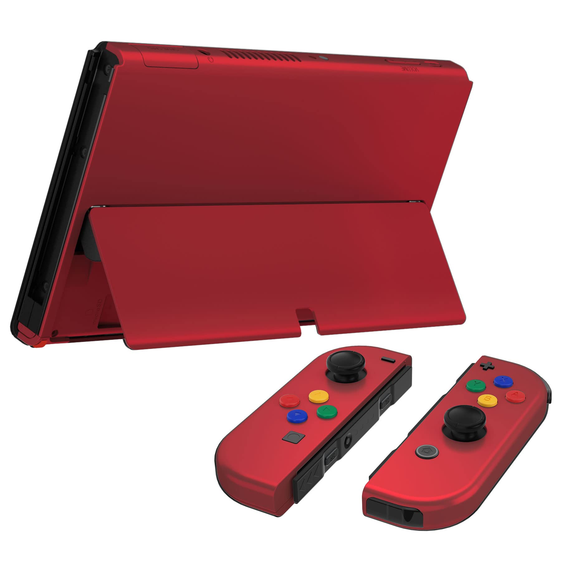 eXtremeRate Cover Pulsanti Tasti Ricambio per Nintendo Switch OLED Console Joycon,Custodia Posteriore Controller Scocca&Supporto Kickstand Metallo per Nintendo Switch OLED-Rosso Vampiro