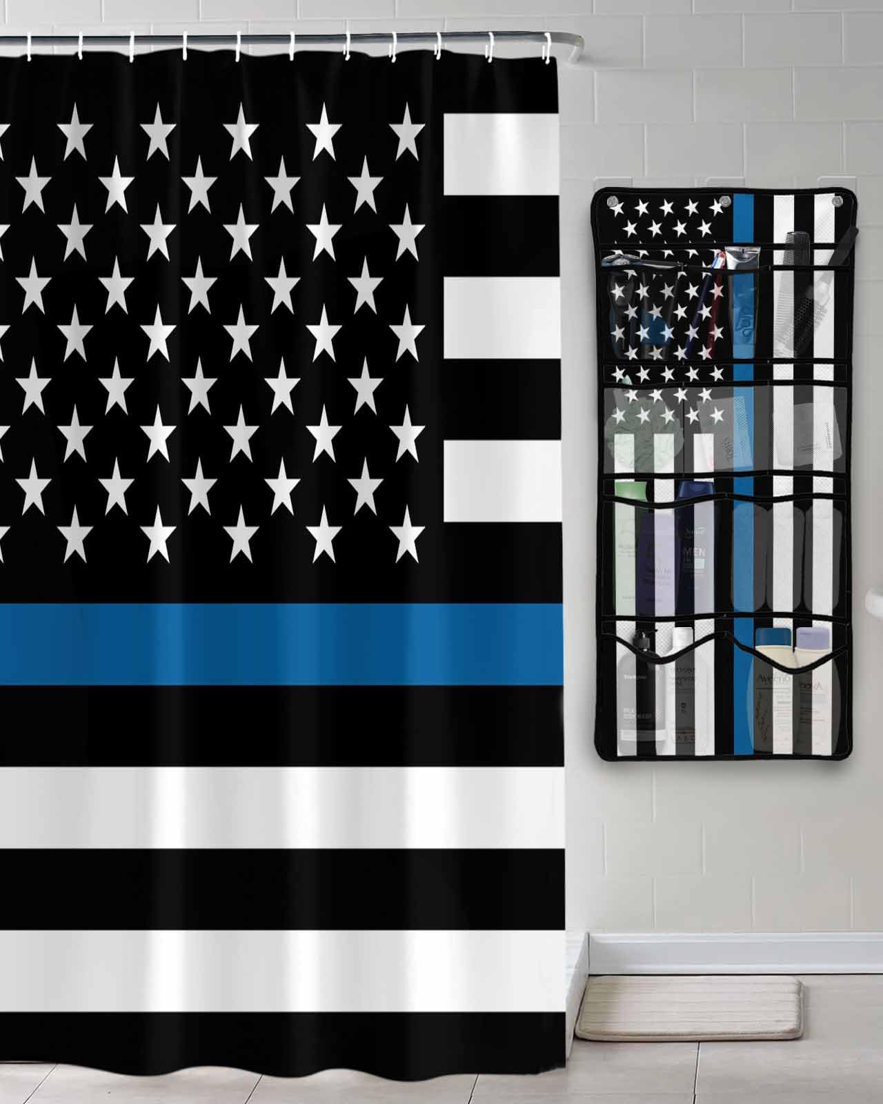 Shower Curtain Mesh Shower Organizer Hanging Set Thin Blue Line Flag American Police Flag Honoring Law Enforcement Officers