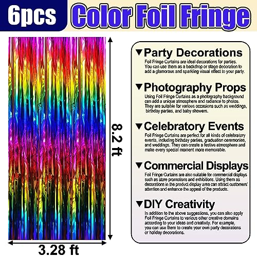 Image of 6 Pack Rainbow Foil Fringe Curtain Backdrop, 3.28Ft x 8.2Ft Metallic Tinsel Foil Fringe Streamer Curtains for Photo Booth, Christmas Day, Thanksgiving, Wedding, New Year Party Decorations