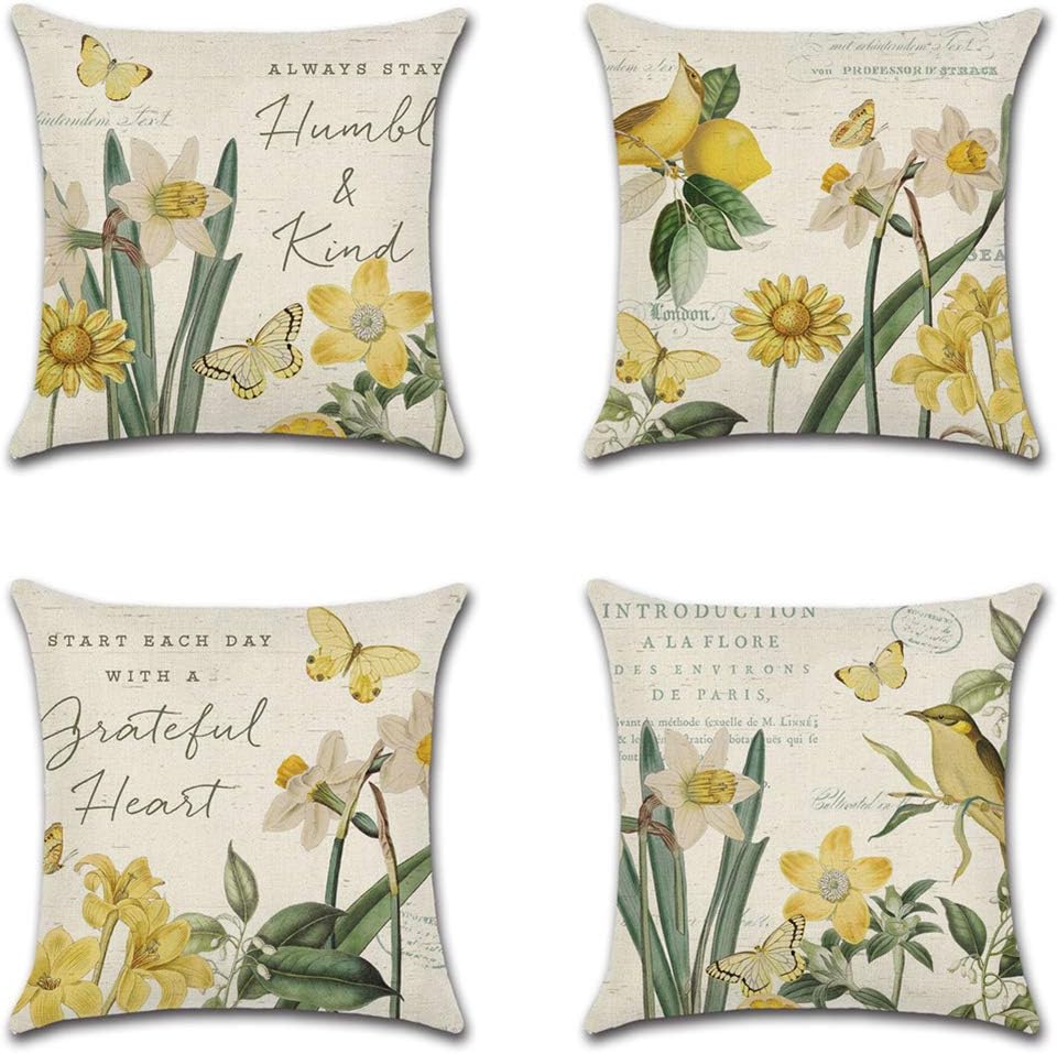 Artscope Set of 4 Decorative Cushion Covers 45x45cm, Daffodil Pattern Waterproof Throw Pillow Covers