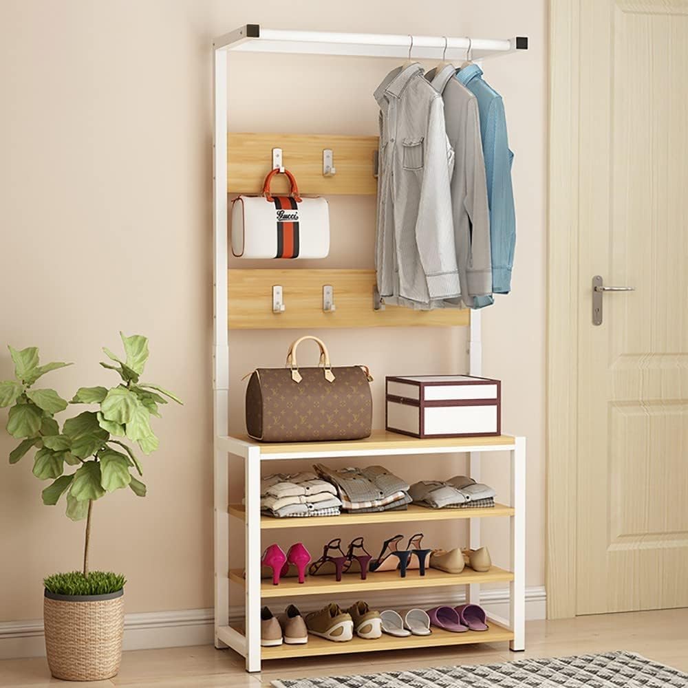 MYUYEE Coat Rack With Bench, Coat Rack With Shoe Rack, 60X34X170Cm, Coat Rack With 8 Hooks And 2 Levels Shoe Rack For Hallway Entrance Area(60X34X170Cm B-B)