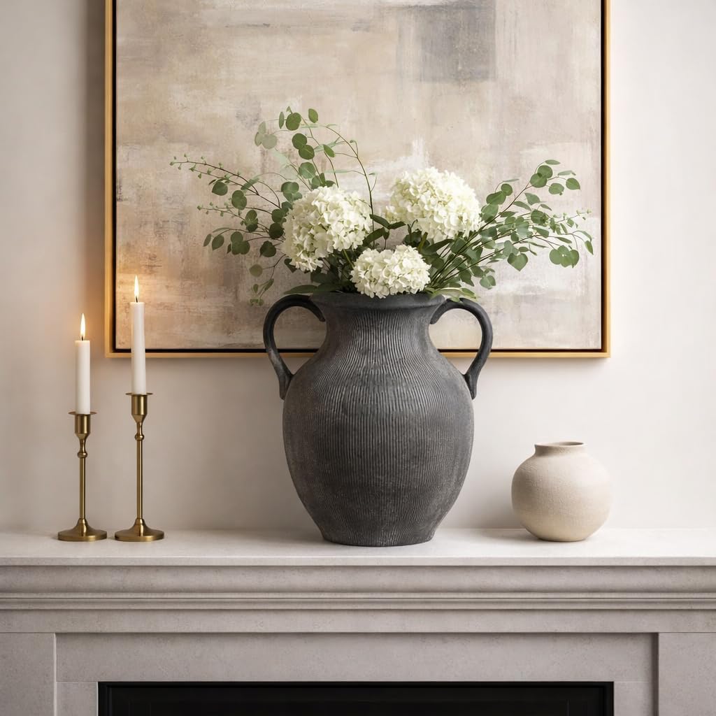 Textured Handled Jug Vase for Living Room Decor - Modern Home Display Accent with Ribbed Surface in Any Room - Sculptural Flower Vase for Bedroom, House, Office, and Table Styling - 13", Black
