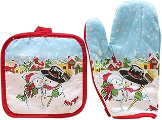 YUnnuopromi Set di 2 pezzi composto da presina e guanto isolanti, per forno e microonde, motivo: pupazzo di neve, decorazione da cucina, colore casuale