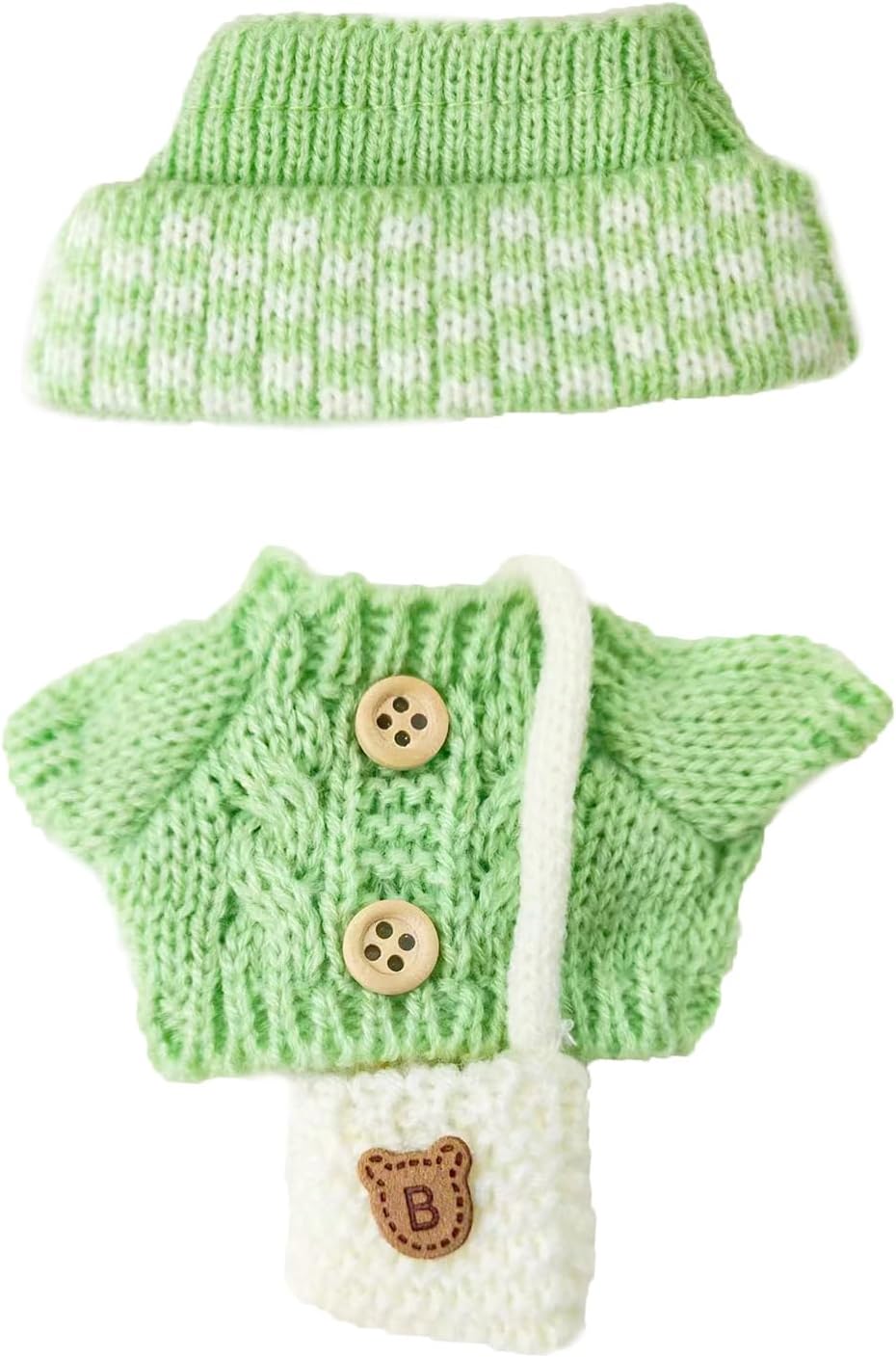 17cm Doll Clothes Set for Lububu, Designer Hand-Crocheted Green Sweater Outfit with Hat & Backpack，Cute Ropa Clothing and Accessories for 15cm Have a Seat Series Dolls Display and Dress-Up
