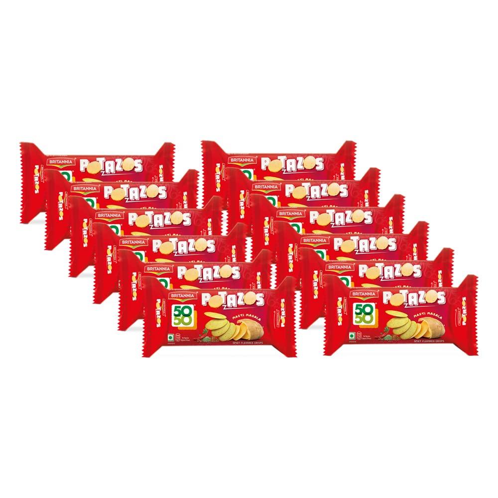 Britannia 50 50 Potazos Masti Masala Spicy Flavored Crisps 3.52oz (100g) - Delicious, Light & Crispy Grocery Cookies (Pack of 12)