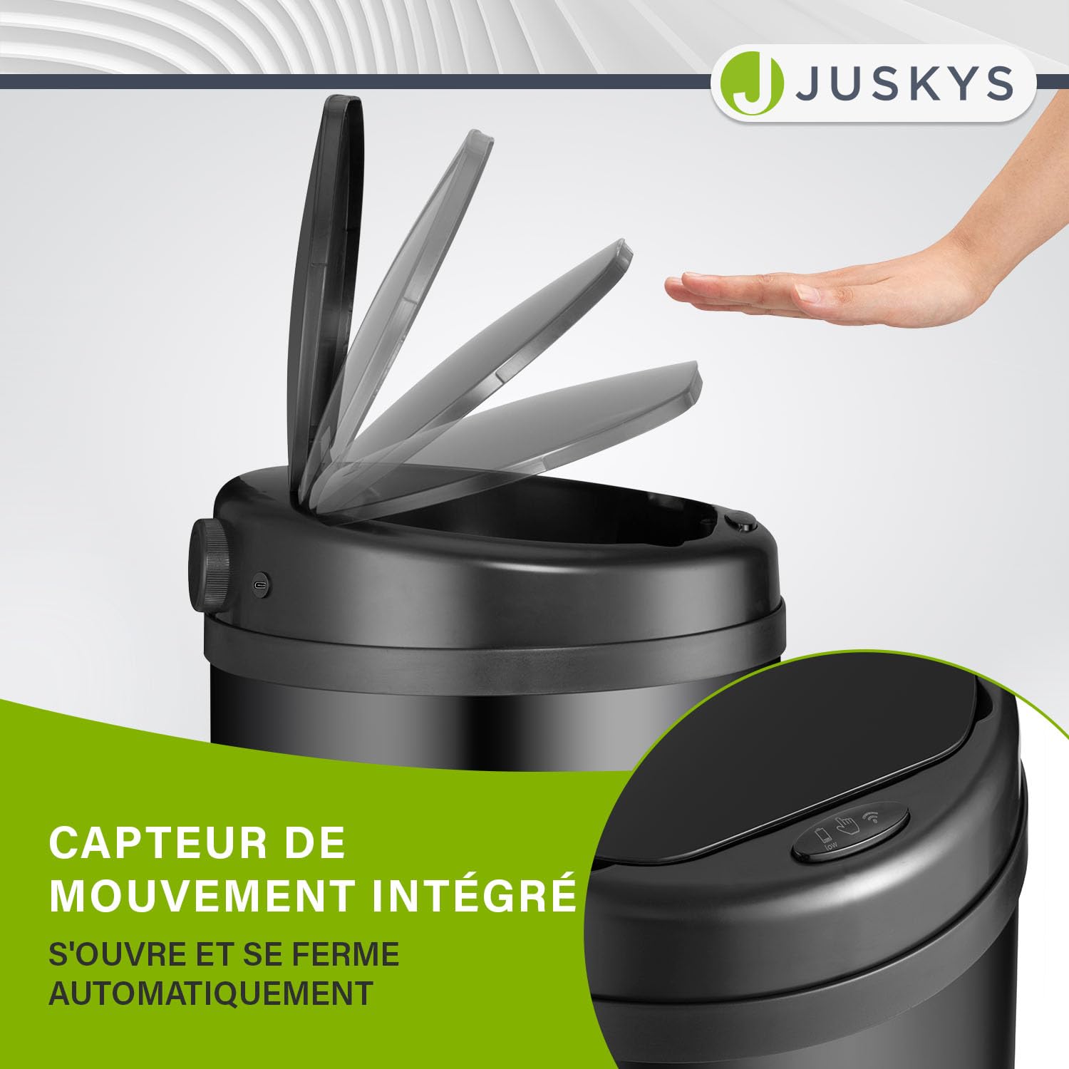 Juskys poubelle automatique avec capteur de 30 L - poubelle électrique, détecteur de mouvement, couvercle automatique, étanche, bague de serrage, cuisine - noir