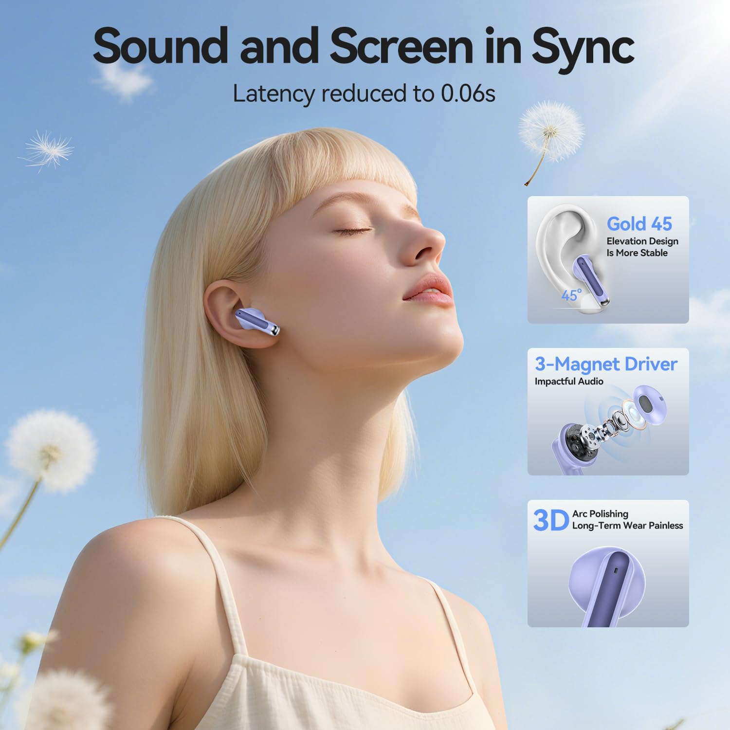 Wireless Earbuds, 2025 Bluetooth 5.3 Headphones HiFi Stereo 50H Playback Ear Buds with Led Digital Display, ENC Noise Cancelling Earbuds for Laptop Computer, iOS, Android, Purple - Image 3