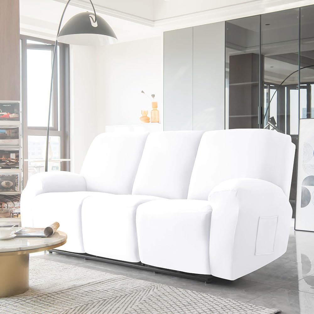 Soft Stretch Recliner Chair Cover, Solid Color Non-Slip Sofa Cover with Side Pocket, Washable Furniture Protector for Recliner Chair(Blanc,3 Places)