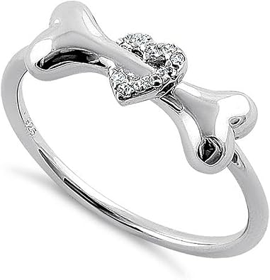 Sterling Silver 925 Dog Bone Ring,Puppy Bone & CZ Heart Ring, Cute Pet Lover Jewelry, Women/Girls Adorable & Unique Jewelry