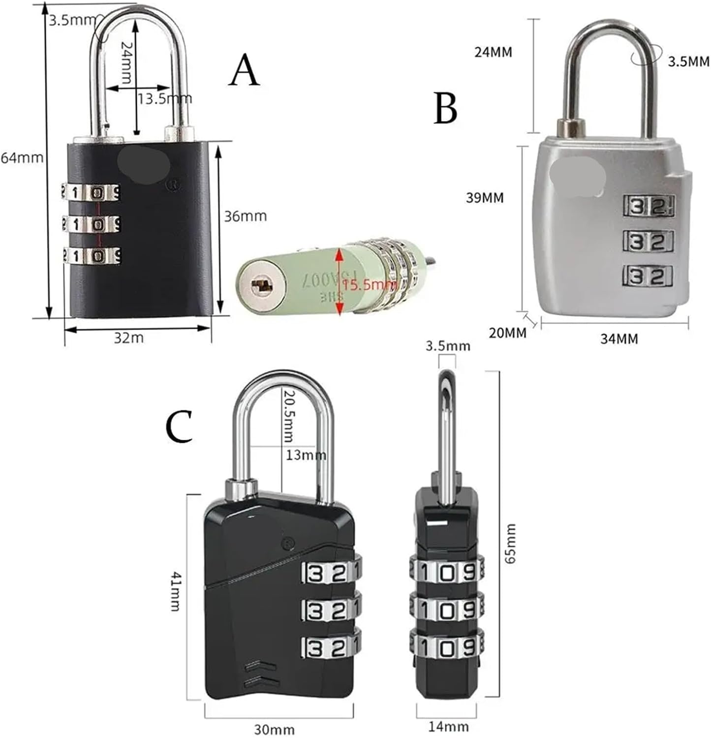 3 Digit Password Lock Travel Portable Suitcase Luggage Coded Lock Zinc Alloy Cabinet Locker Padlock 1Pcs(A Black)
