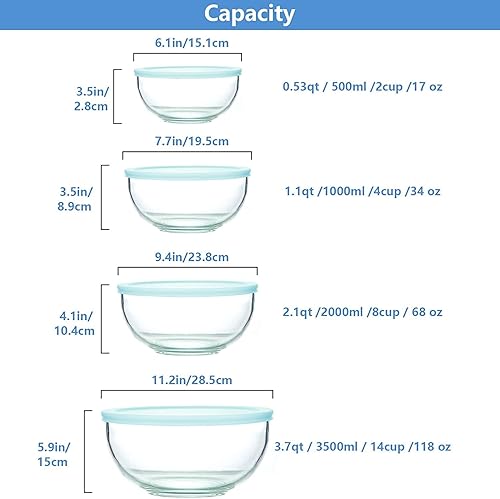 Miniatura 2 de Luvan Juego de 4 cuencos de vidrio transparente de borosilicato con tapas (0.53 cuartos de galón, 1.1 qt, 2.1 cuartos de galón, 3.7 cuartos de