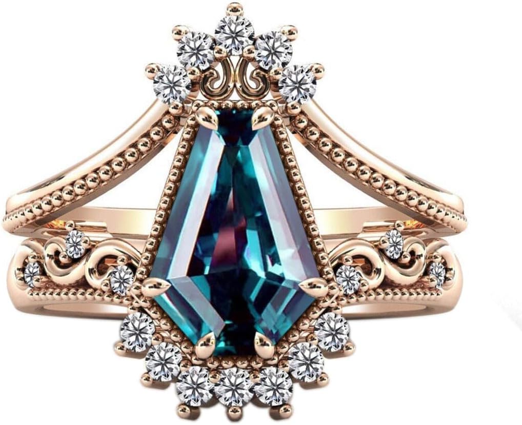 Coffin Shape Alexandrite Engagement Ring Set for Women, Art Deco Rose Gold Wedding Ring, Vintage 2pcs Alexandrite Bridal, Unique Promise & Anniversary Jewelry Gift for Her