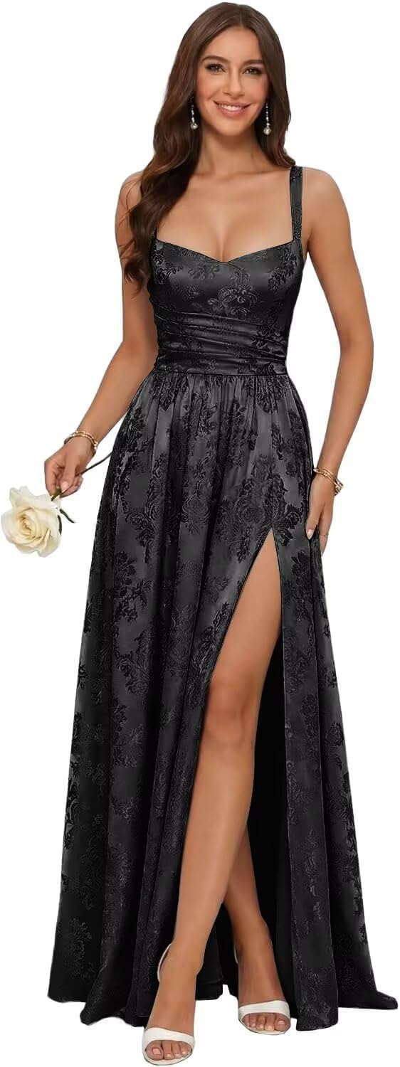 Women's Spaghetti Straps Pleated Satin Bridesmaid Dresses Long with Slit Formal Evening Dress AS056