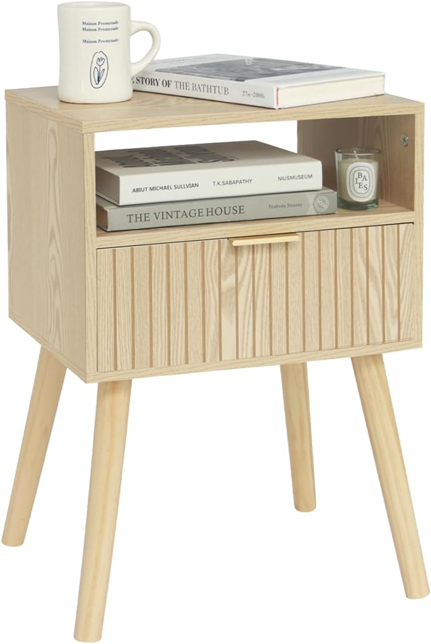MaxSmeo Small Nightstand Wood Bedside Table with Drawer, Modern End Table for Bedroom and Small Spaces, Solid Wood Legs, Easy Assembly, Natural