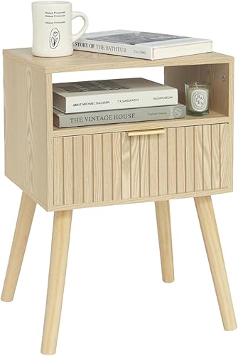 MaxSmeo Mesita de noche pequeña de madera con cajón, mesa auxiliar moderna para dormitorio y espacios pequeños, patas de madera maciza, fácil