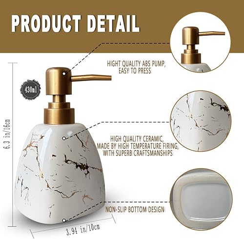 Miniatura 5 de Dispensador de jabón de cerámica para baño, dispensador de jabón blanco para platos de cocina, dispensador de jabón con patrón de mármol,