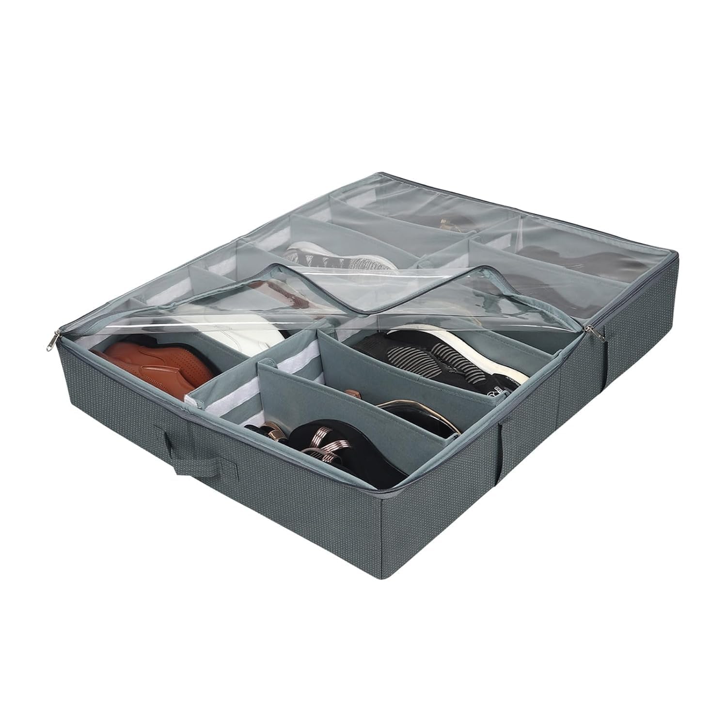 double r bags under bed shoe organizer with zipper – 12 compartment dustproof foldable storage for shoes, heels & boots (polyester grey, 73x62x13 cm, pack of 1)