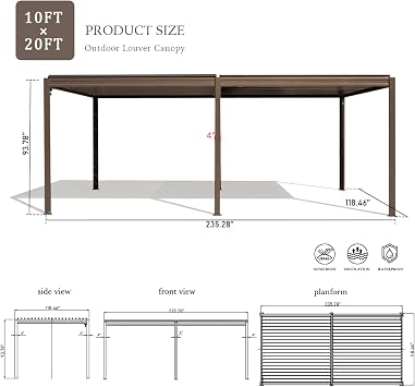 Domi Louvered Pergola 1020 FT, Outdoor Aluminum Pergola with Adjustable Rainproof Roof and Drainage System, Metal Pergola Gazebo for Patio, Deck, Backyard, Brown