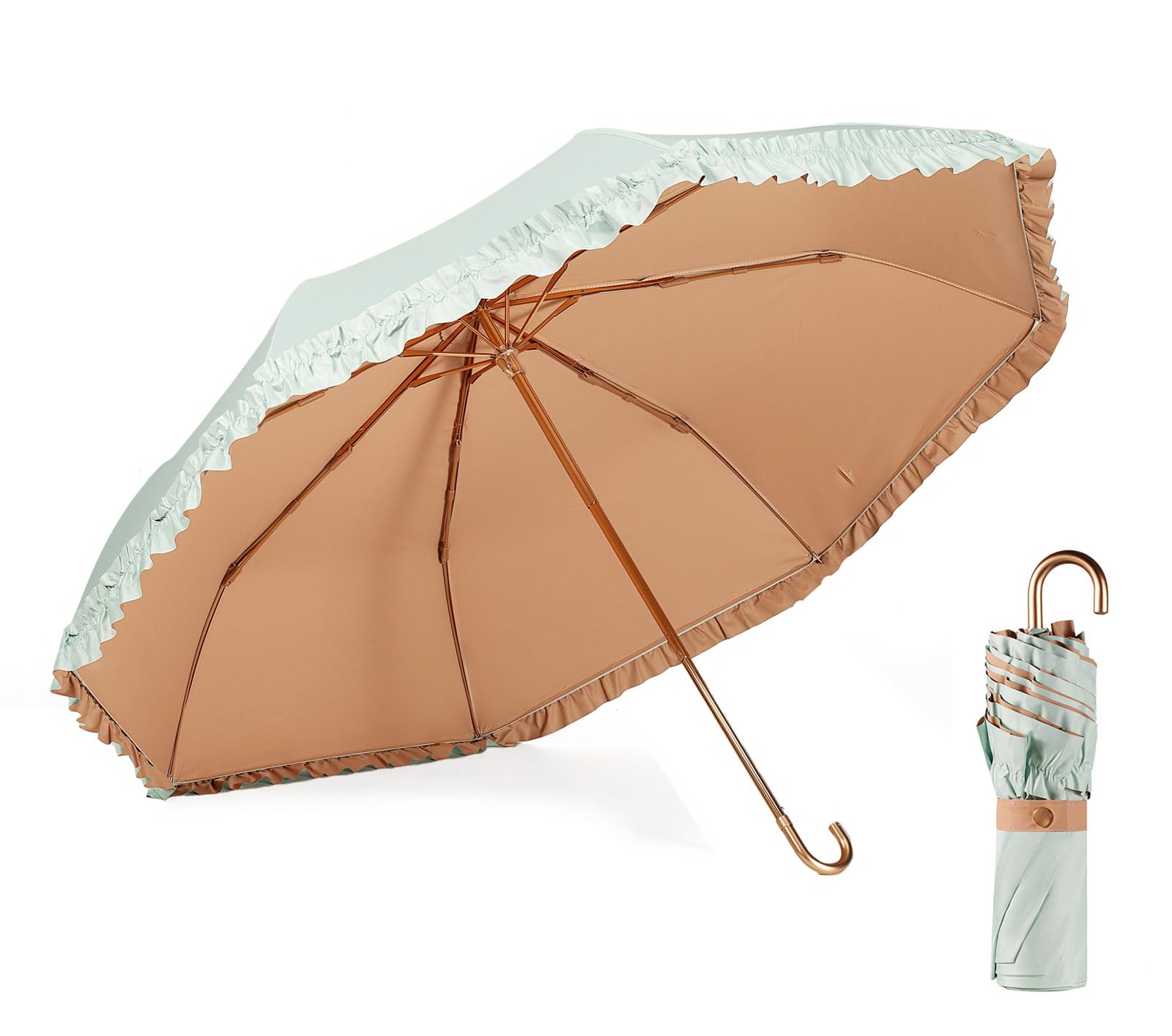 Lcy Light Green&Khaki Floral Edge Folding Umbrella Anti-Uv Parasol With Hook Handle Sunproof Rainproof & Windproof Umbrella
