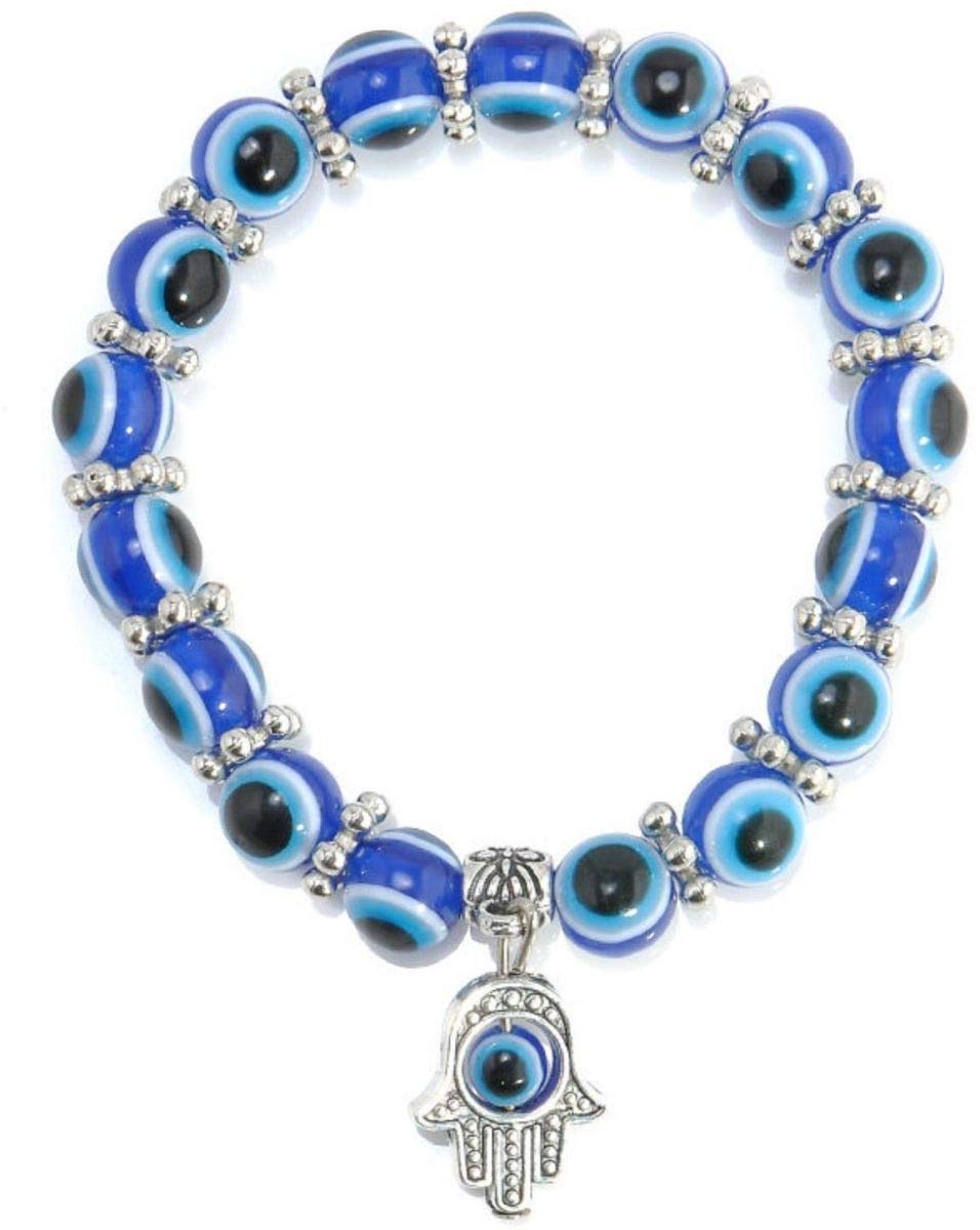 Evil Eye Hamsa Blue Beaded Charm Stretch Bracelet, Hand of Fatima Turkish Evil Eye Lucky Bracelet for Protection and Blessing