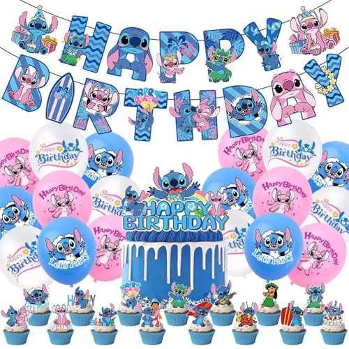 35pcs Stich Geburtstag Deko Set Kindergeburtstag Party Deko Set Banner Tortenstecker für Kindergeburtstag Mädchenparty